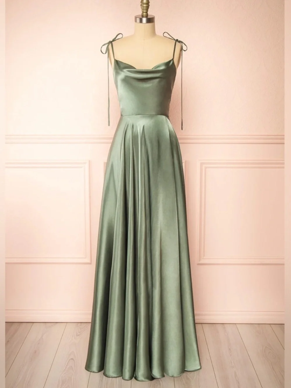 Moira Khaki | Cowl Neck Satin Maxi Dress with High Slit - Picture 2 of 10
